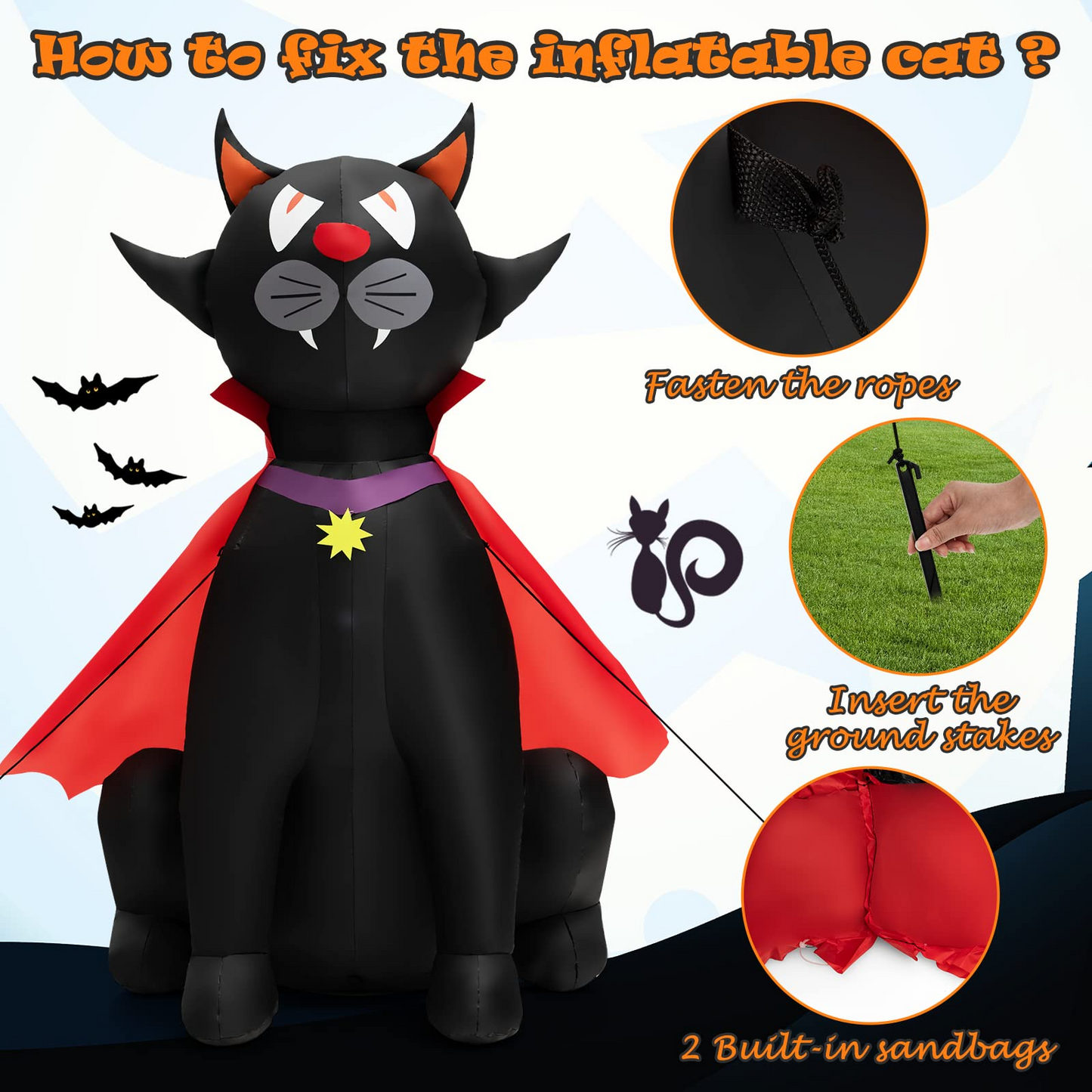 Tangkula 4.7 FT Halloween Inflatable Vampire Black Cat with Red Cloak, Blow-up Holiday Decoration with 2 Built-in LED Lights