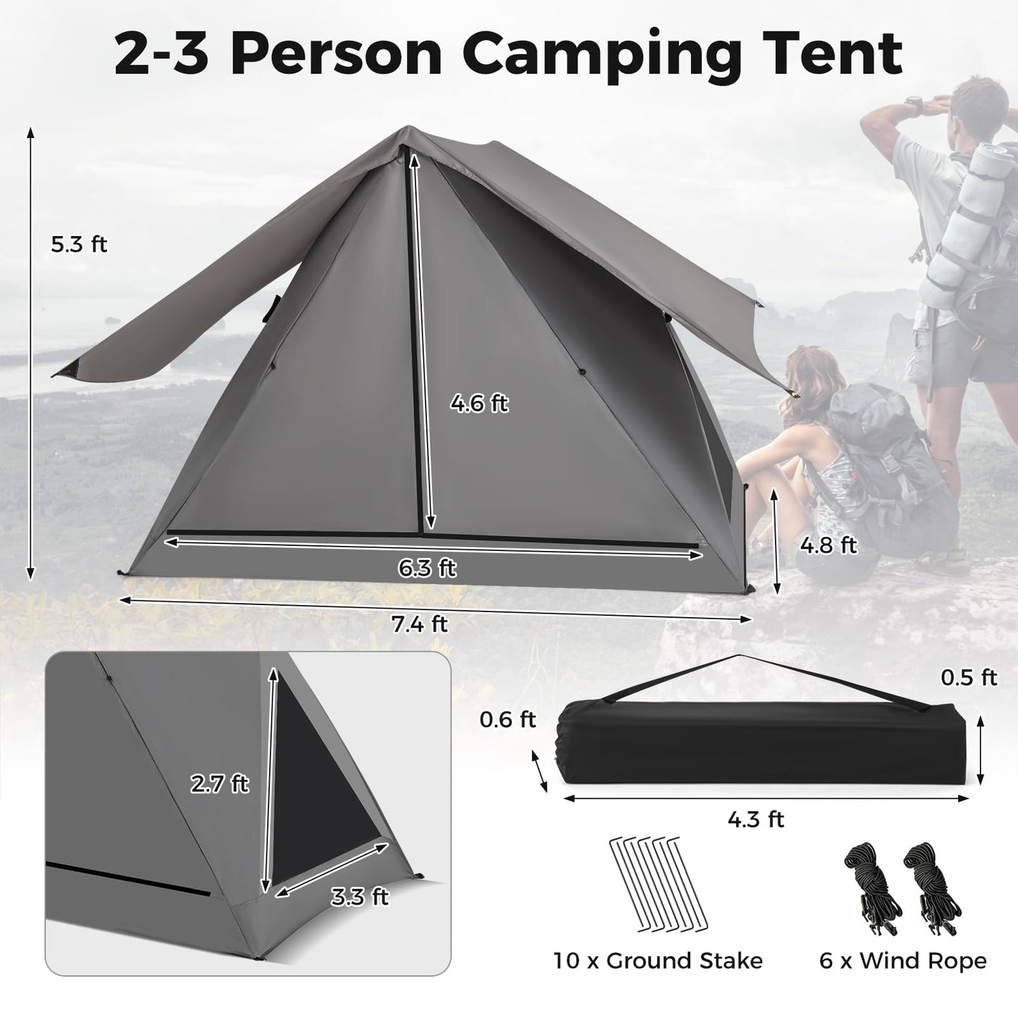 Tangkula Pop Up Camping Tent for 2-3 Person, 360° One-Way See-Through Backpacking Tent with Removable Rainfly