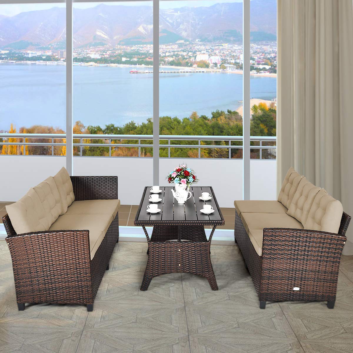 Tangkula Patio Furniture Set with 6 Cushioned Seat & Coffee Table