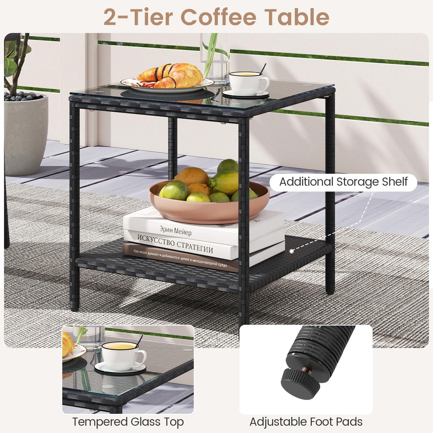 Tangkula 3 Pieces Patio Furniture Set with 2 Tier Tempered Glass Tabletop Table