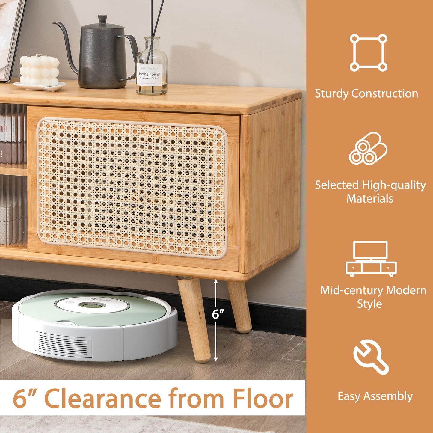Tangkula Mid Century Modern TV Stand for TVs up to 55 Inch, Bamboo Entertainment Center w/PE Rattan & Tempered Glass Sliding Doors