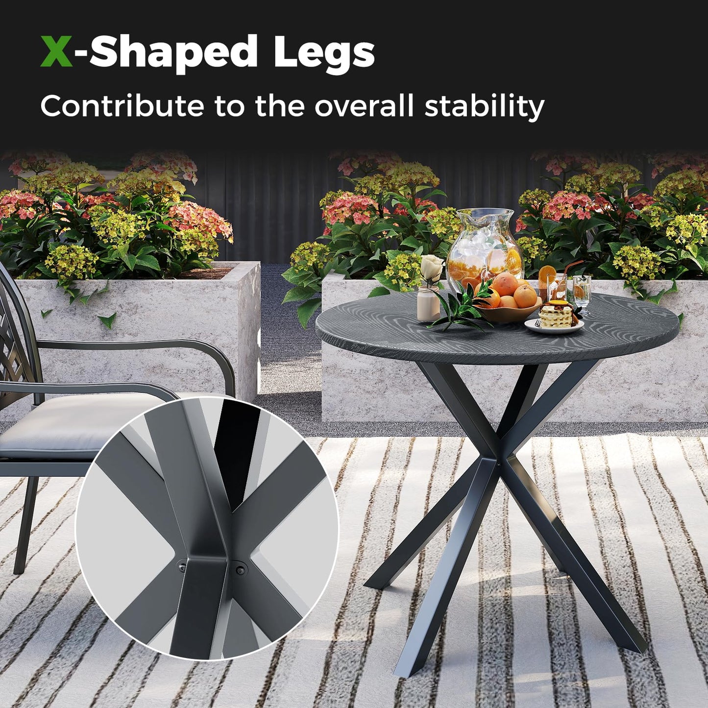 Tangkula Round Patio Dining Table with Wood-Like Top & X-Shaped Legs