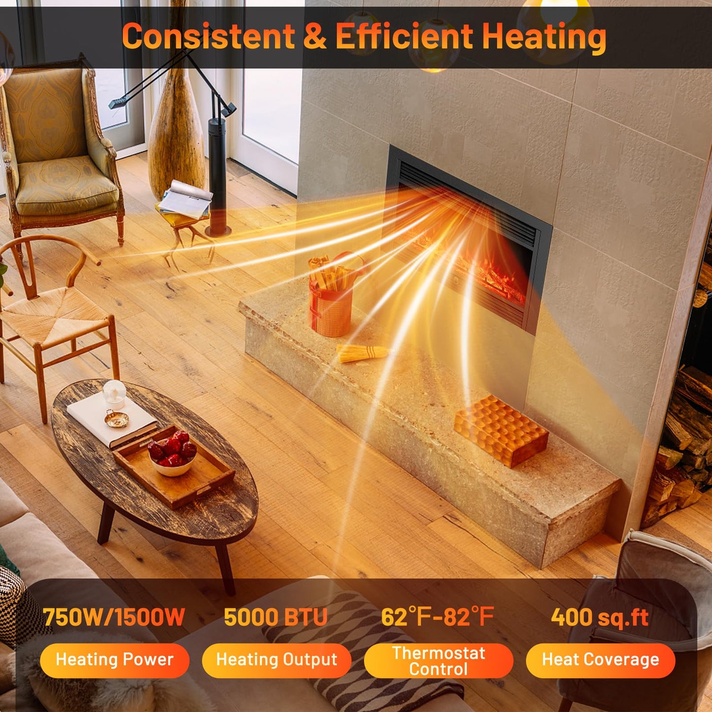 Tangkula 750W/1500W Recessed Fireplace Heater with Remote Control