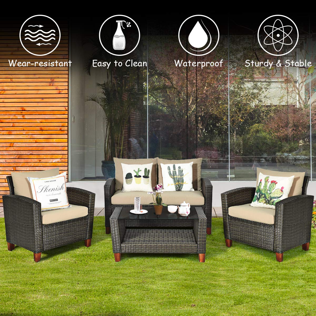 Tangkula Patio Rattan Furniture Set with Tempered Glass Coffee Table for Porch