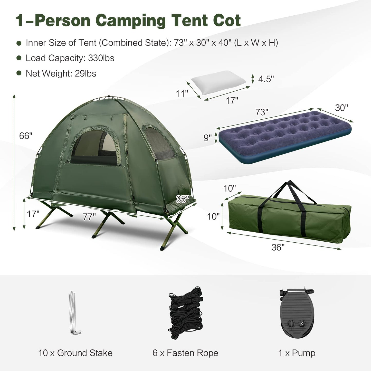 Tangkula 1-Person Tent Cot, Foldable Camping Tent with Air Mattress