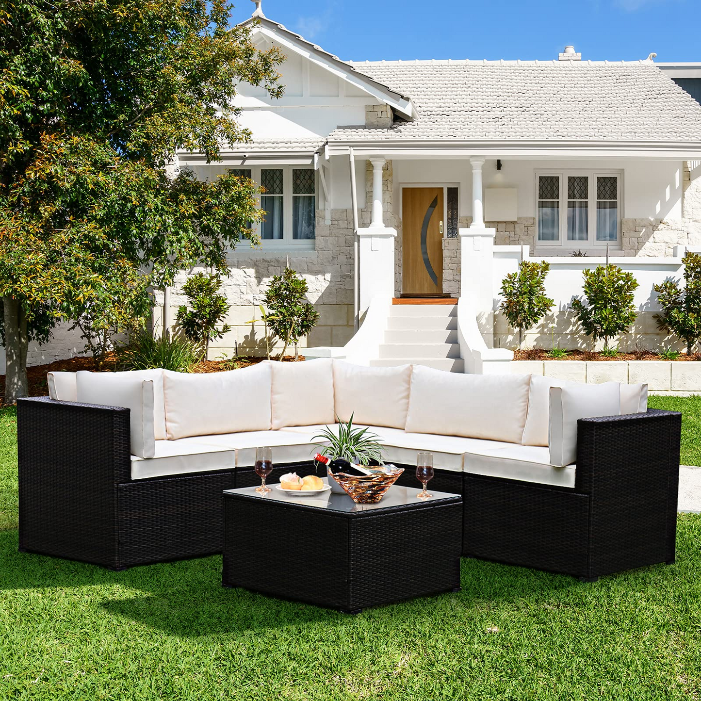 6 Pieces Patio Furniture Set, Outdoor Rattan Sofa Set, Wicker Conversation Set