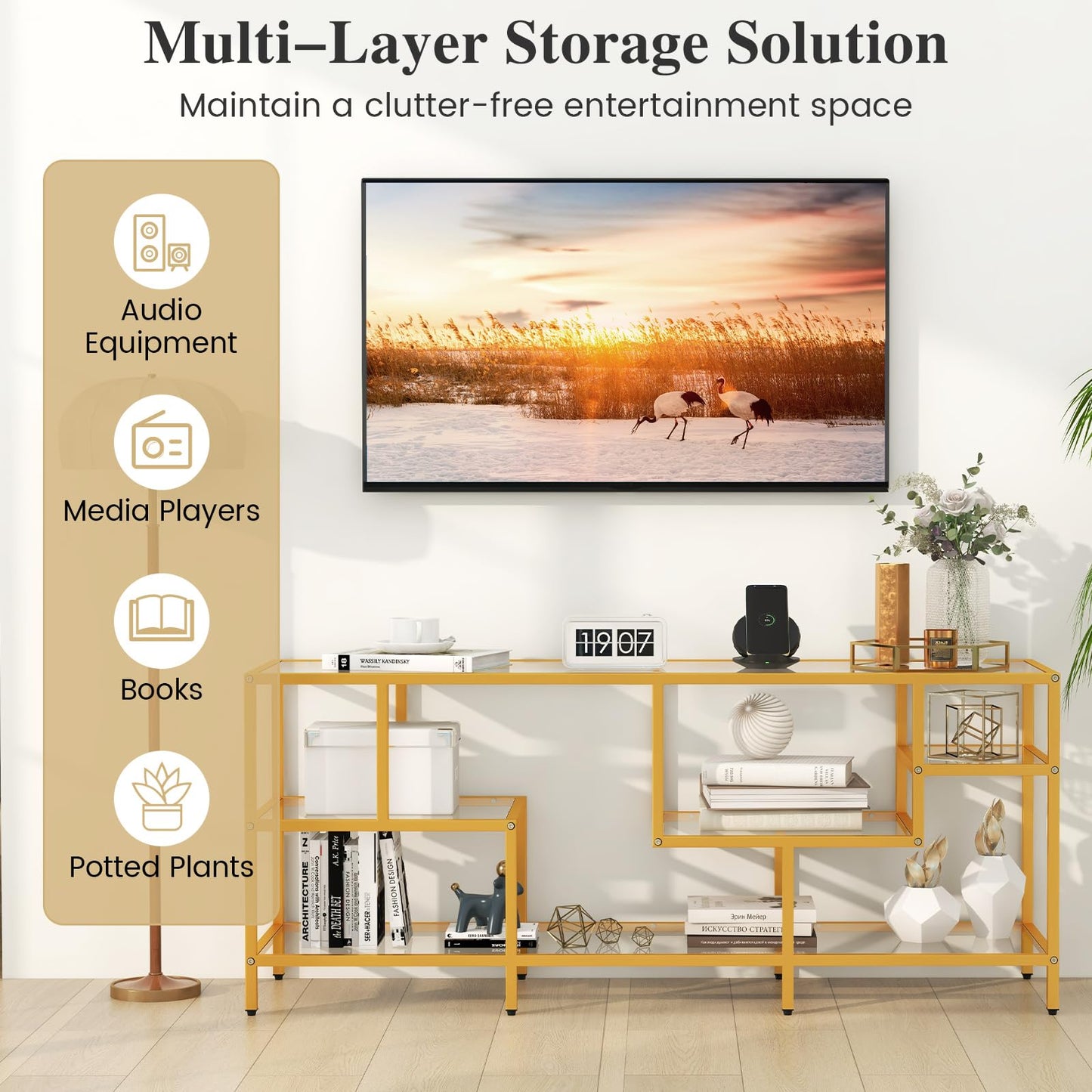 Tangkula Gold TV Stand for TVs up to 65”, 58” TV Console Table with Tempered Glass Shelves & Golden Metal Frame