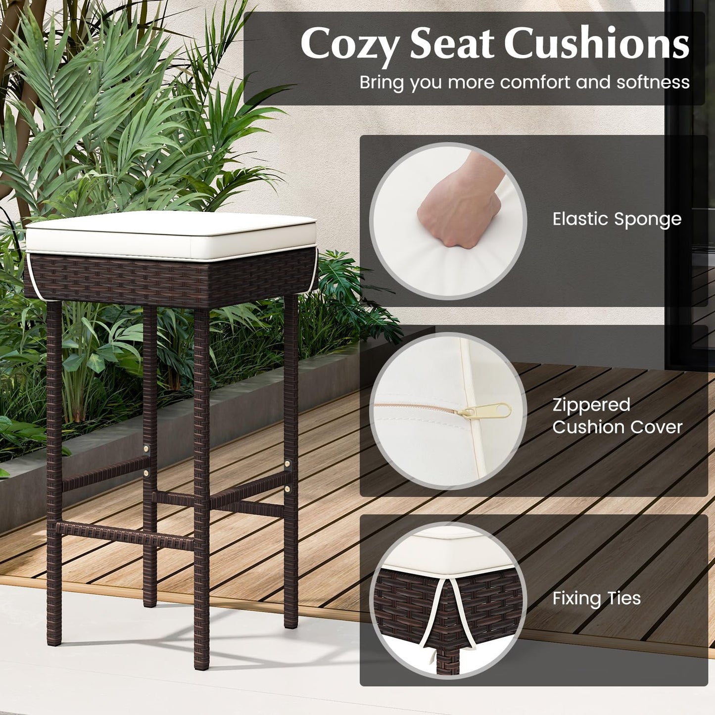 Lot de tabourets de bar Tangkula en rotin pour patio, chaises de bar d'extérieur en osier avec repose-pieds et coussins moelleux