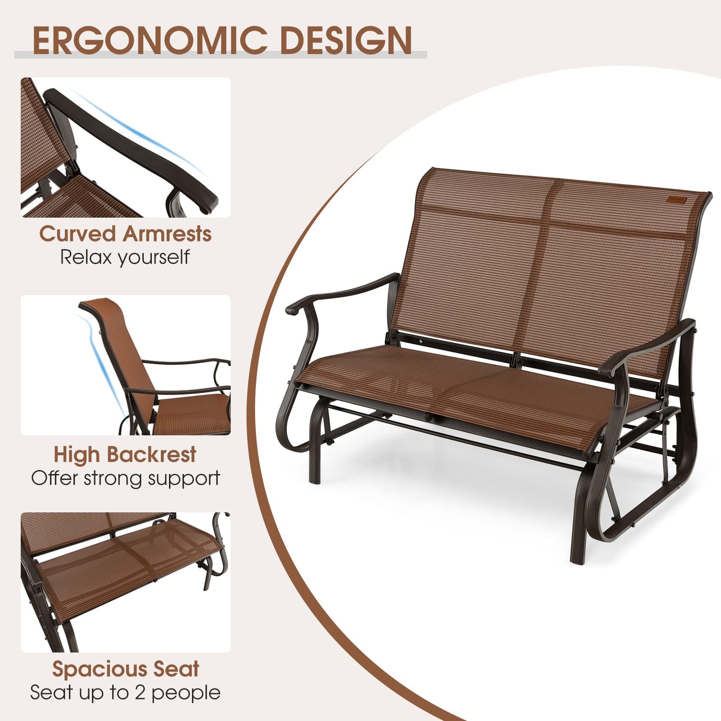 Tangkula Patio Glider Bench, 2-Person Outdoor Rocking Bench with High Back & Curved Armrests(Brown)