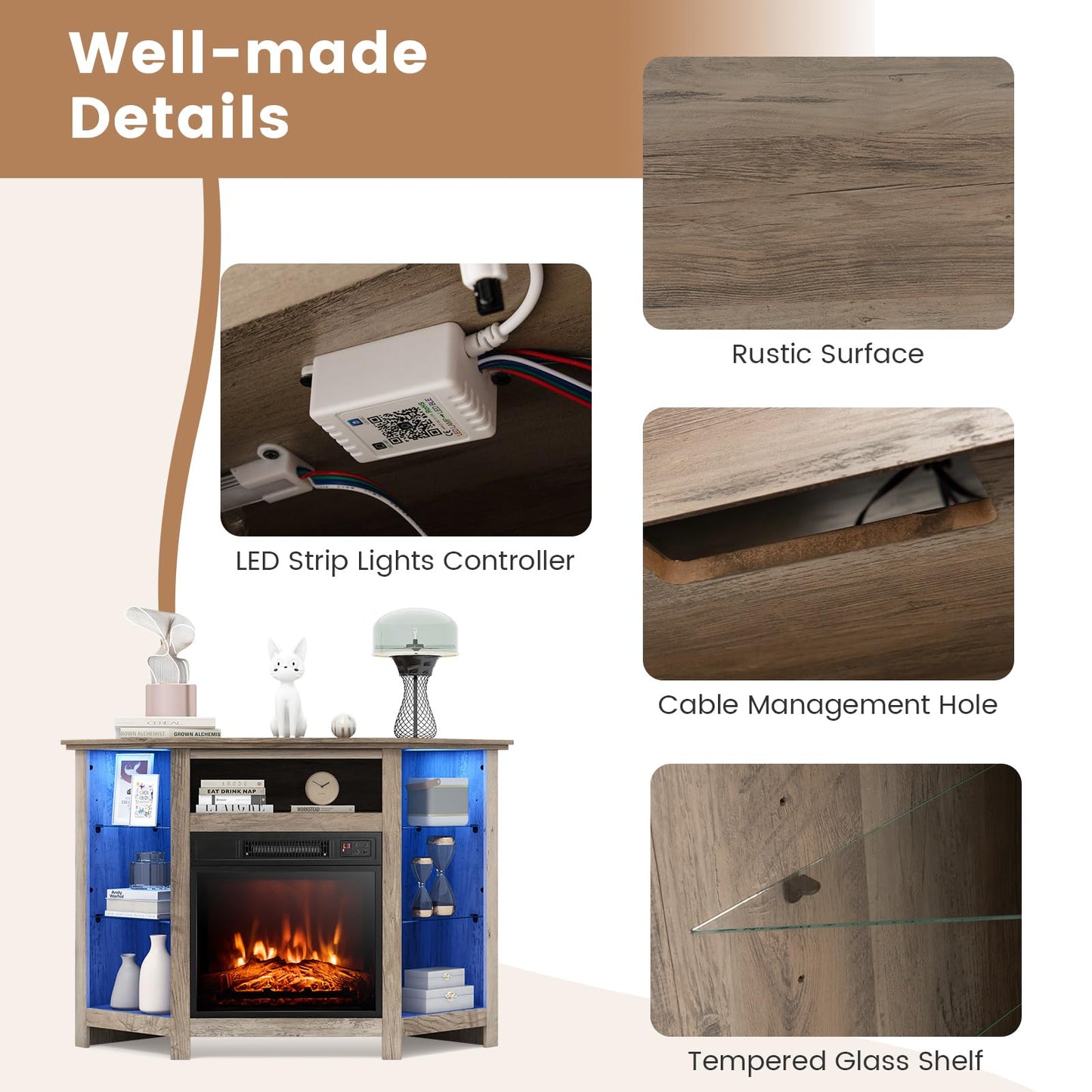 Tangkula Fireplace Corner TV Stand with LED Lights & Smart APP Control for 50 Inches TV