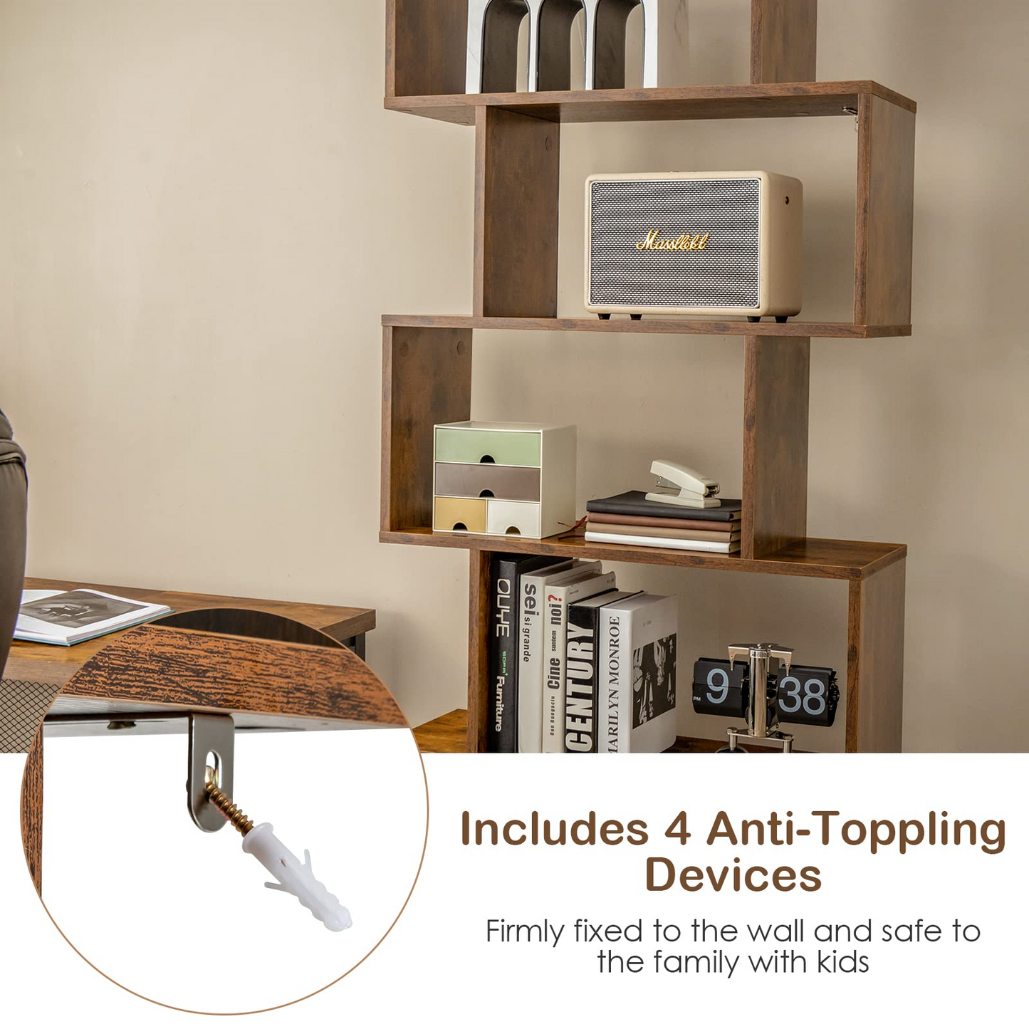 Tangkula S Shaped Bookshelf with Cabinet, 6-Tier Bookcase with Doors, Freestanding Geometric Bookshelves for Living Room