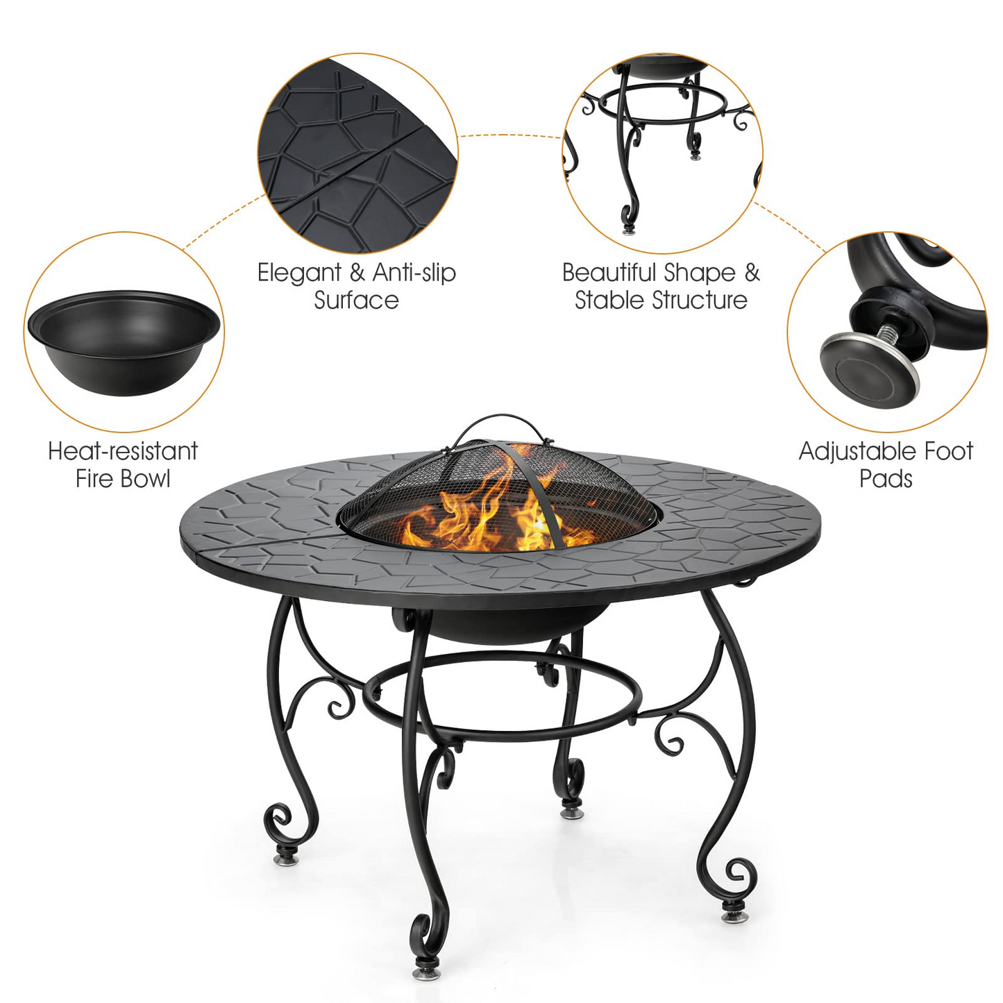 Tangkula Outdoor Fire Pit Table, 4 in 1 36 Inch Round BBQ Garden Fire Bowl with Lid, Bonfire Wood Burning Fire Pit for Outside Backyard