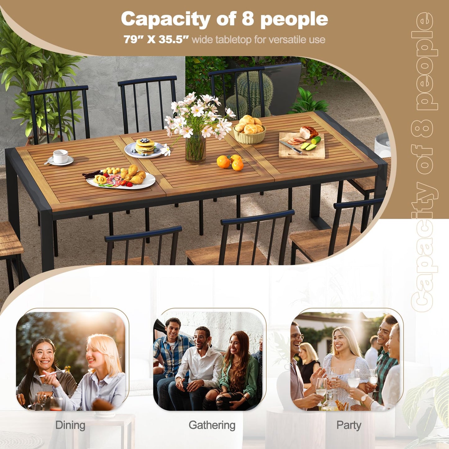 Tangkula Outdoor Dining Table for 8, 79 Inches Acacia Wood Patio Table with 1.9 Inches Umbrella Hole