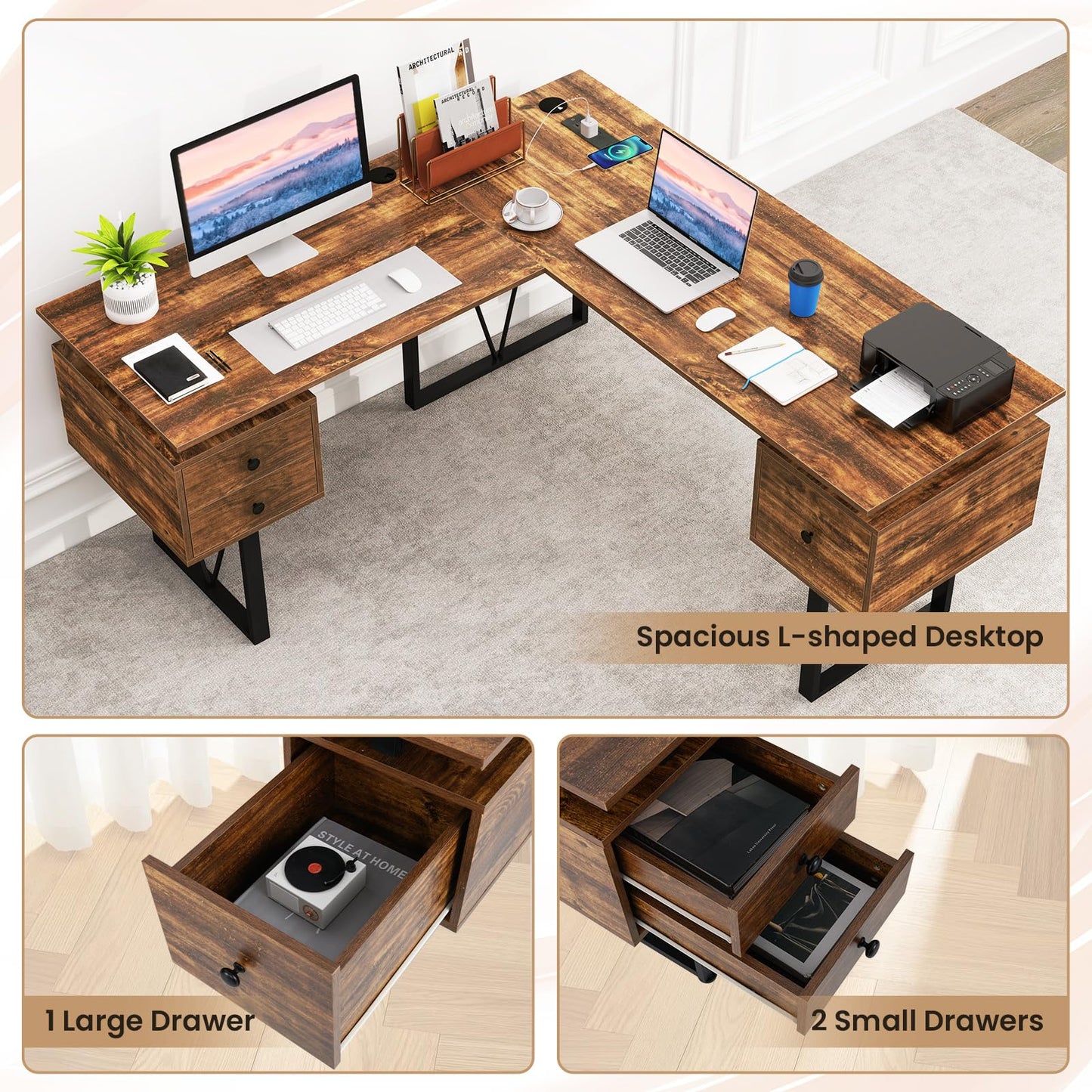 Tangkula 59" L-Shaped Office Desk with 3 Drawers & Charging Station