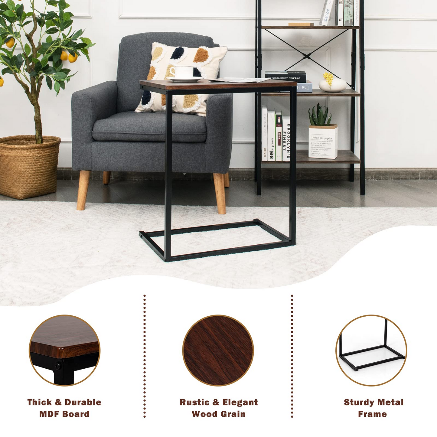 Tangkula C Shaped Side Table, Vintage Couch Table Sofa Side Table for Coffee Snack Laptop