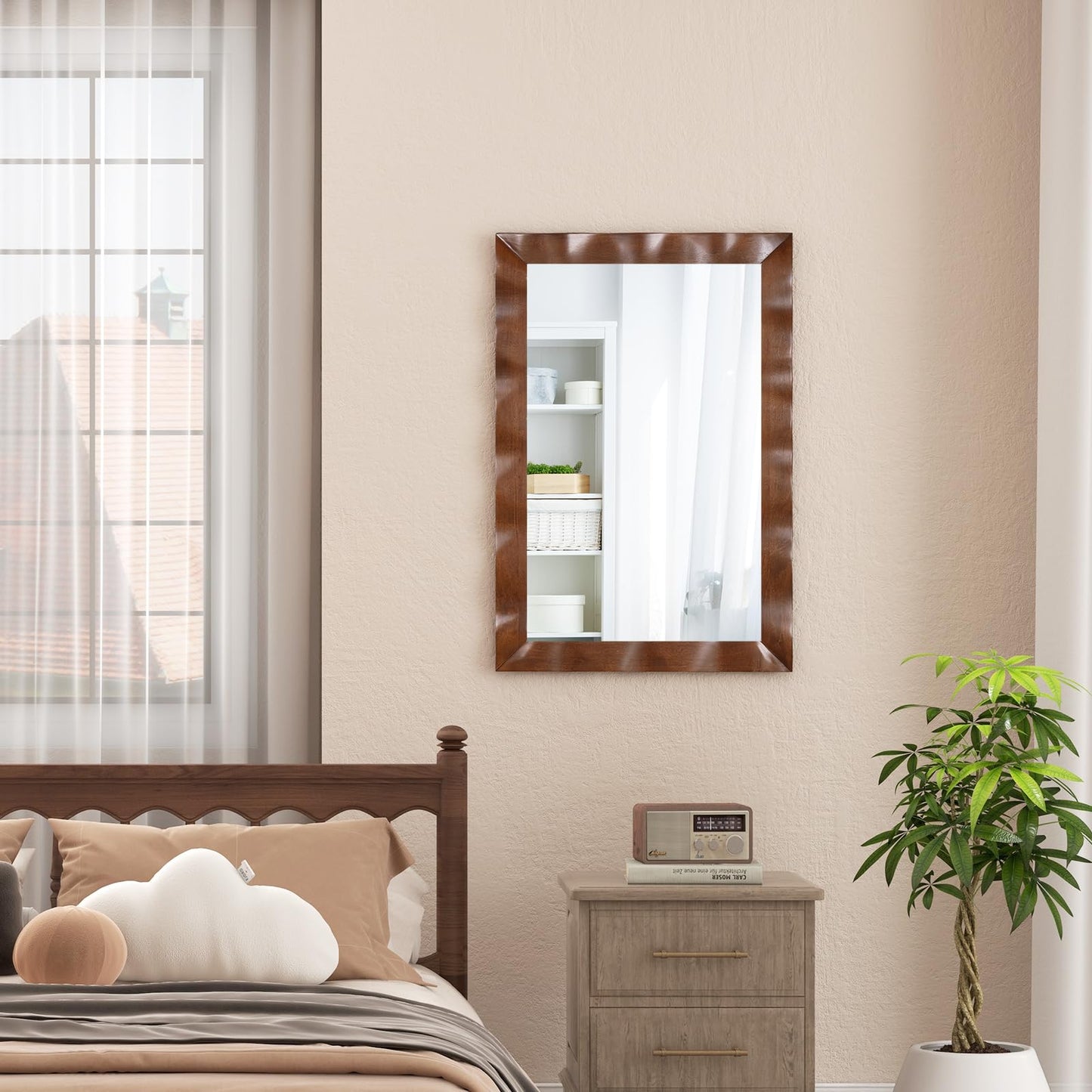 Tangkula 41.5" x 28" Farmhouse Wall Mirror, Rubber Wood Rustic Style Wall Mirror