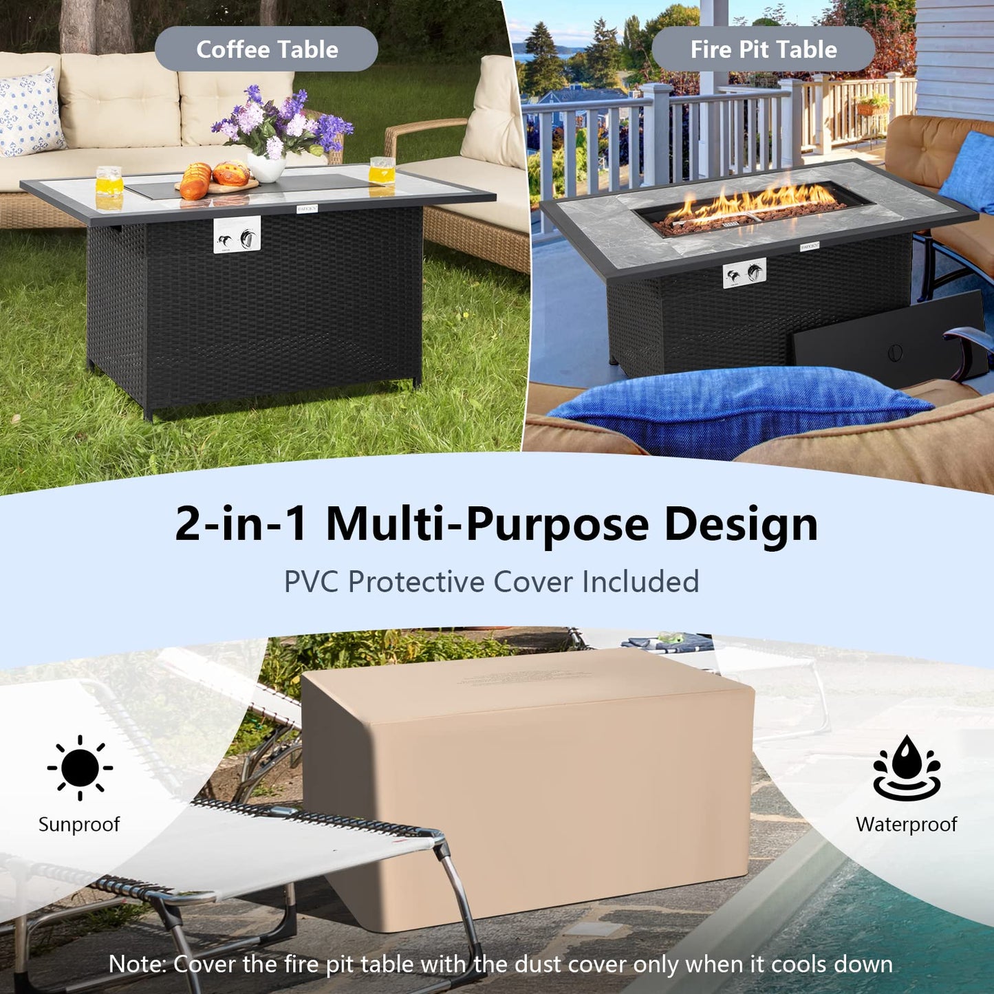 Tangkula 52 Inches Wicker Patio Propane Fire Pit Table, Patiojoy 50,000 BTU