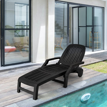 Chaise longue d'extérieur, transat inclinable à 5 positions avec coffre de rangement et roues flexibles