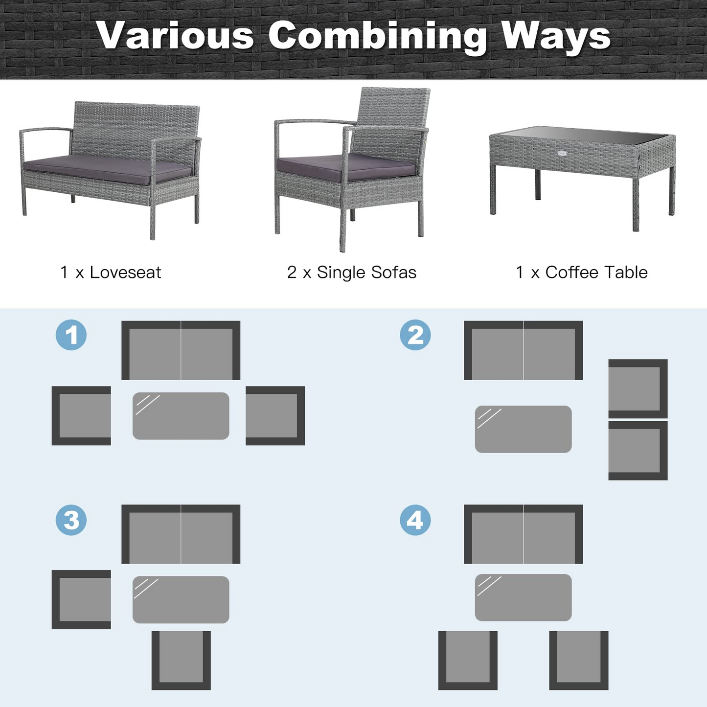 Tangkula Patio 4 Piece Rattan Furniture Set, Patiojoy Outdoor Wicker Conversation Set