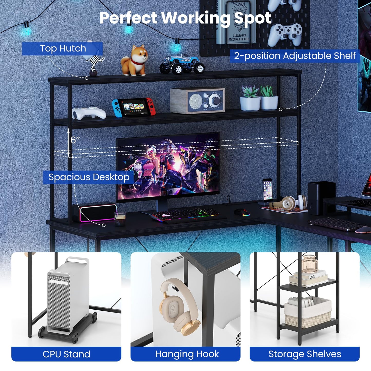 Tangkula L-Shaped Desk with LED Strip & Power Outlets