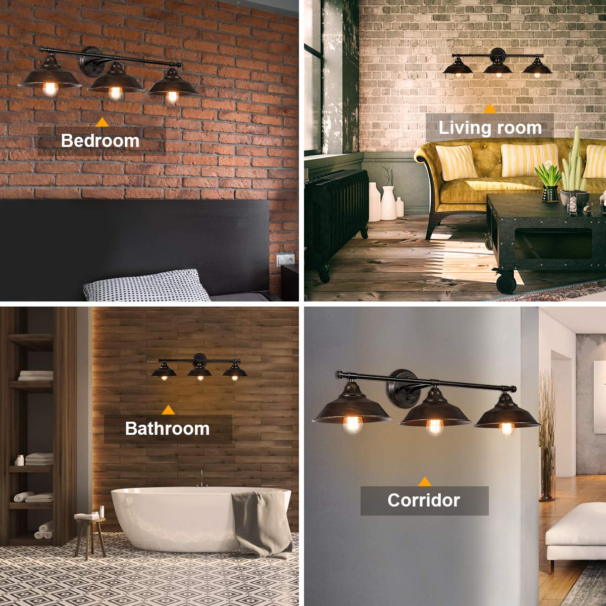 Tangkula Vanity Light, 3 Light Wall Sconce, Industrial Metal Wall Mount Lamp(Black)
