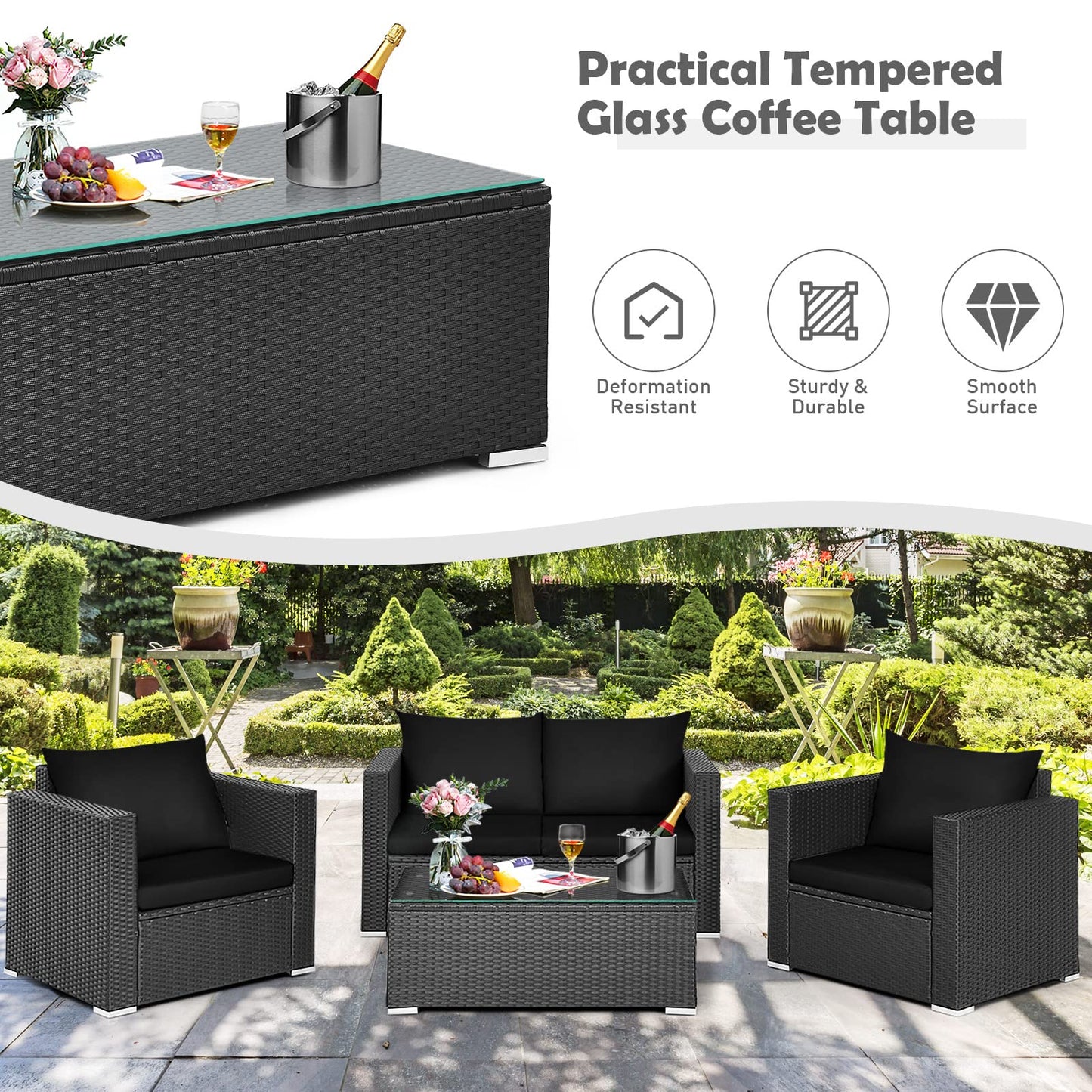 Patio Rattan Conversation Furniture Set, Outdoor Wicker Sofa Set with Padded Cushion & Tempered Glass Coffee Table