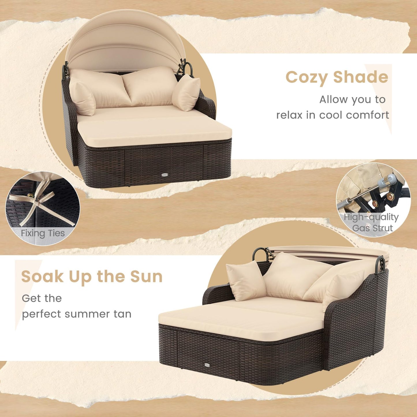 Tangkula Patio PE Rattan Daybed with Retractable Canopy