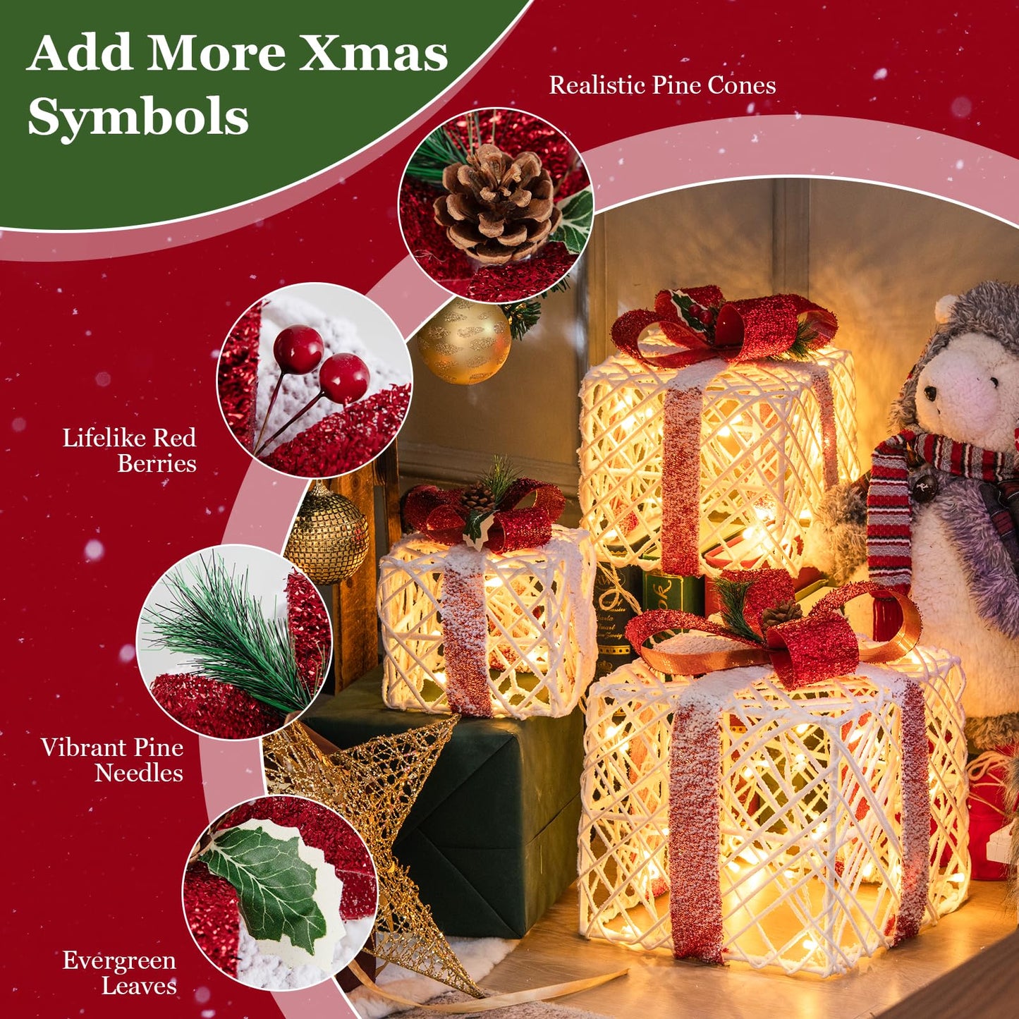 Tangkula Set of 3 Lighted Box Pre-lit Present Boxes with 100 Warm White Lights