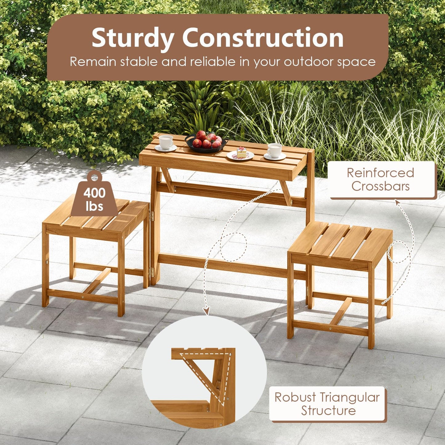 Tangkula 3 in 1 Outdoor Acacia Wood Loveseat Bench Furniture