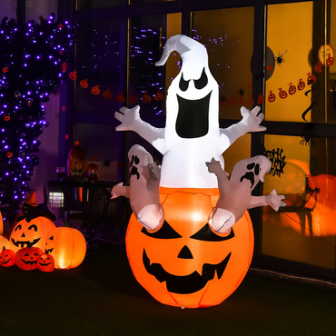 Tangkula Citrouille fantôme gonflable d'Halloween de 1,8 m, décorations de cour d'Halloween gonflables avec lumières LED intégrées