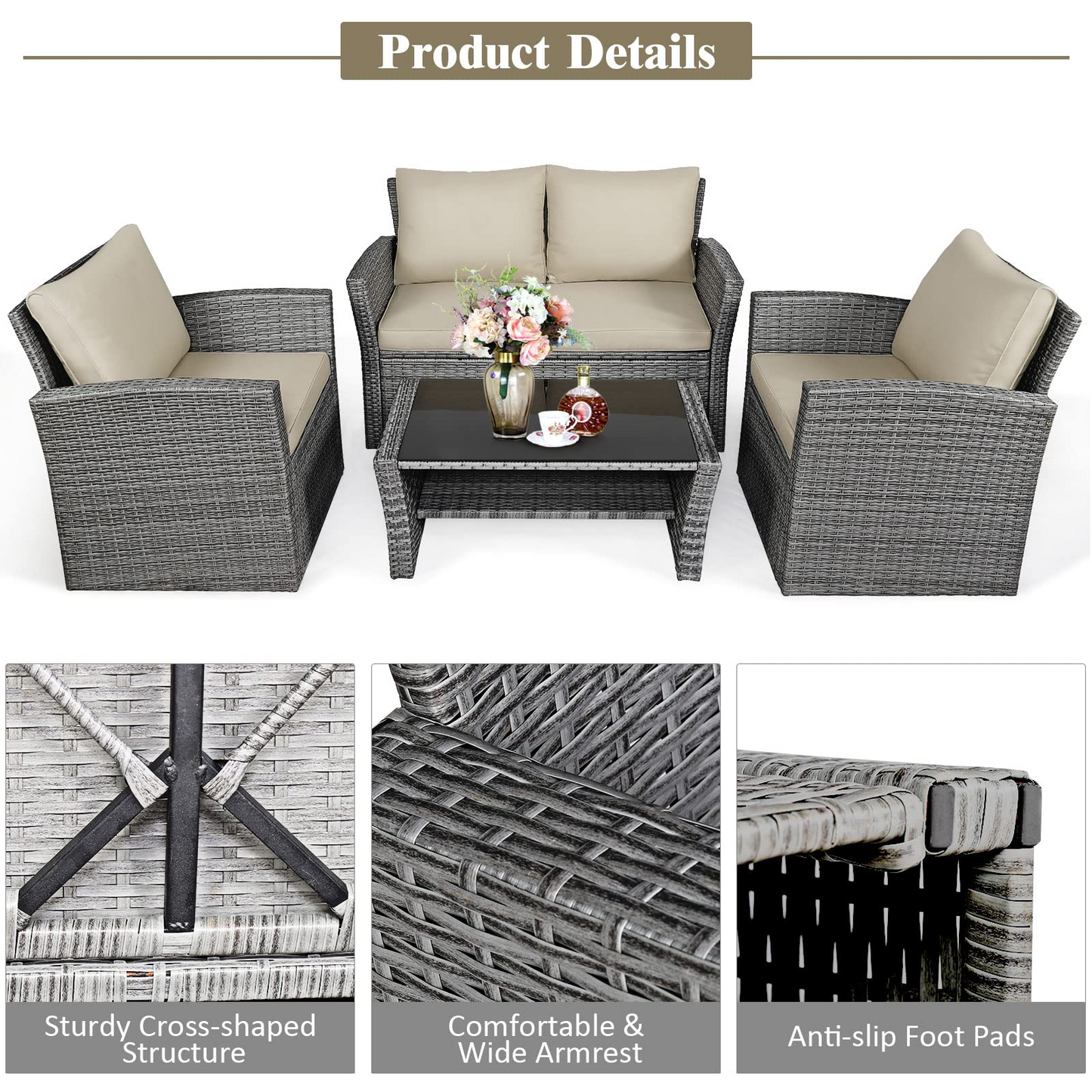 Tangkula 4 Pieces Patio Furniture Set, Outdoor Conversation Set with Cushions and Coffee Table