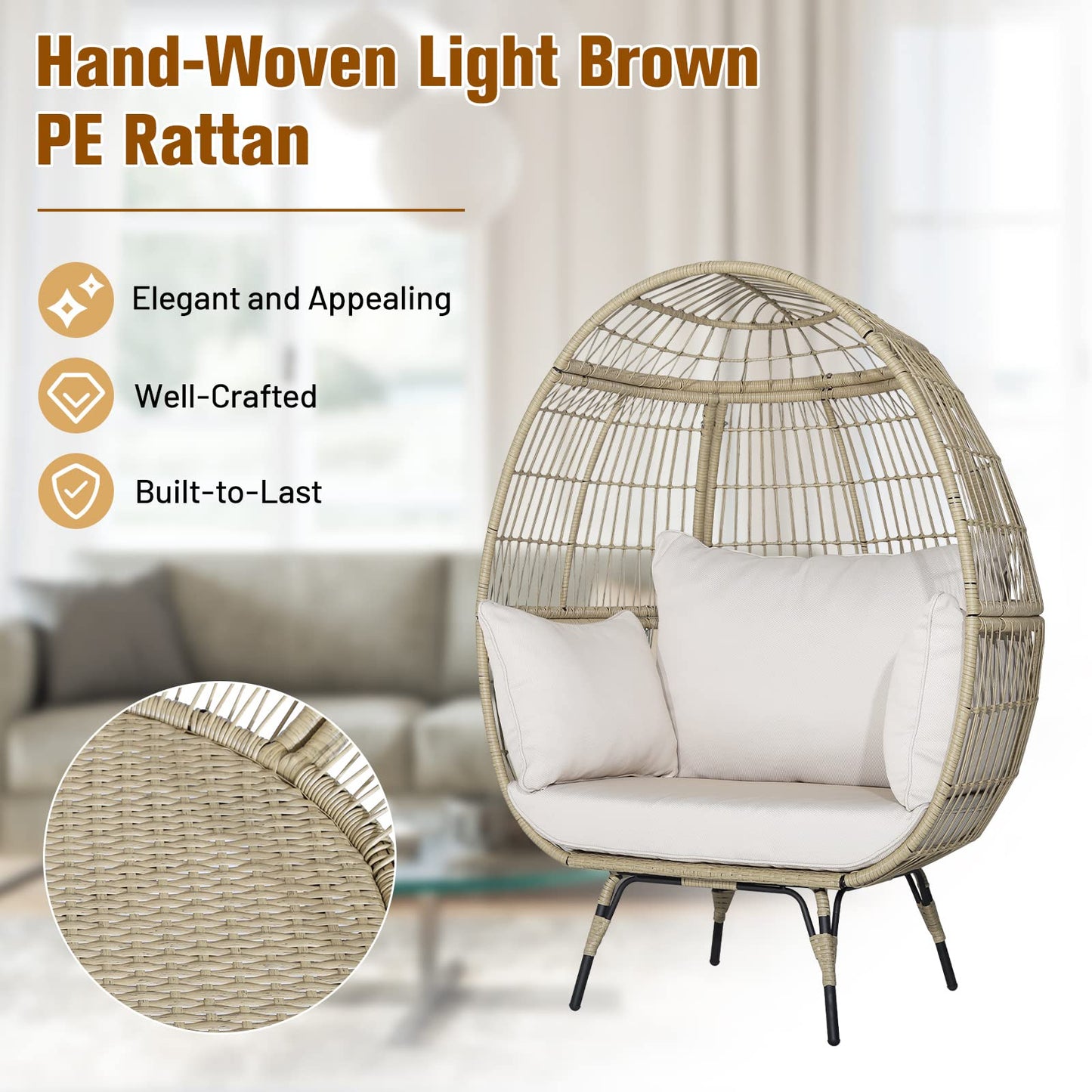 Tangkula PE Wicker Egg Chair Patiojoy Oversized Indoor Outdoor Patio Lounge Chair