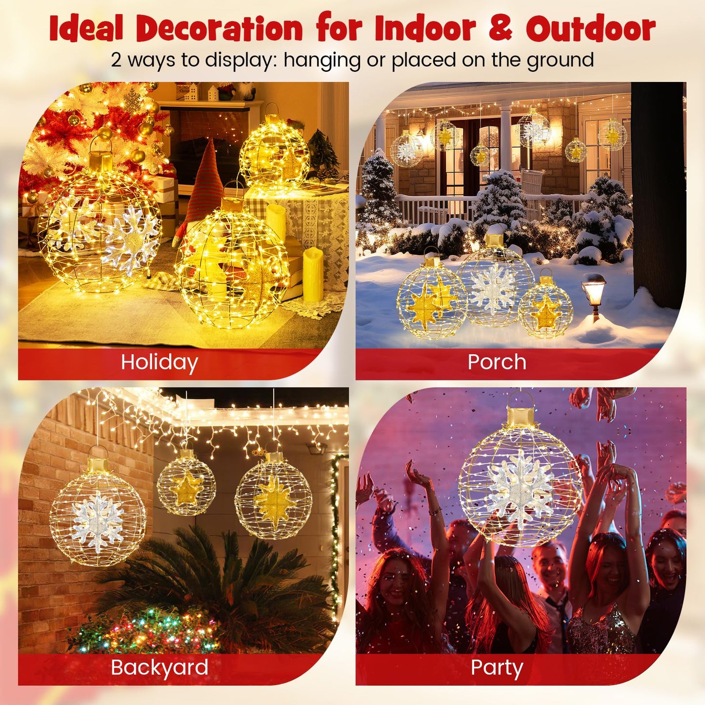 Tangkula 3 Sizes Christmas LED Lighted Sphere Balls, Holiday Globe Lights for Indoor/Outdoor Party Decorations ( 25"+21"+16" )