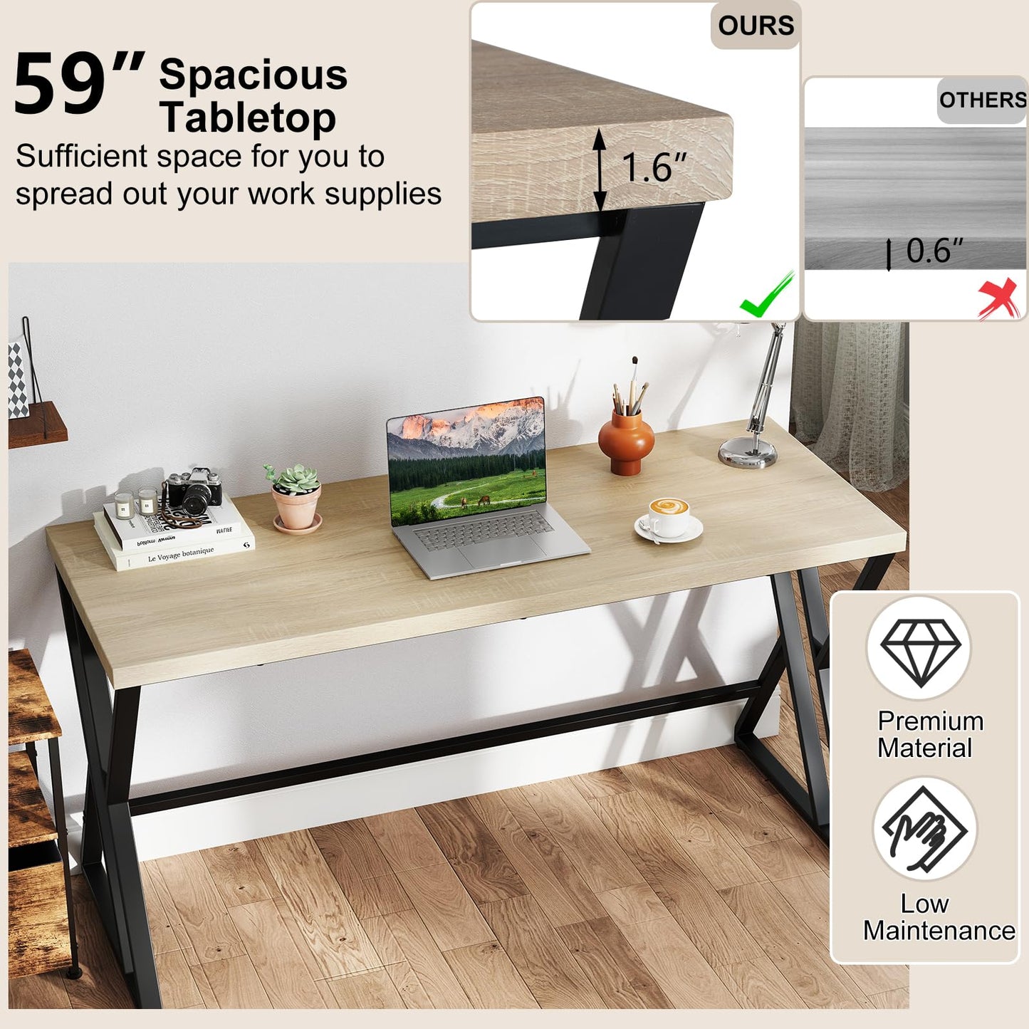 Tangkula 59" Home Office Desk with Heavy-Duty Metal Frame & Crossbar