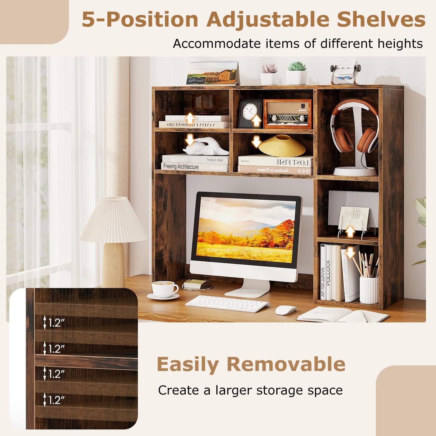 Tangkula Desktop Bookshelf 37" Countertop Storage Hutch with 7 Cubes & 3 Adjustable Shelves