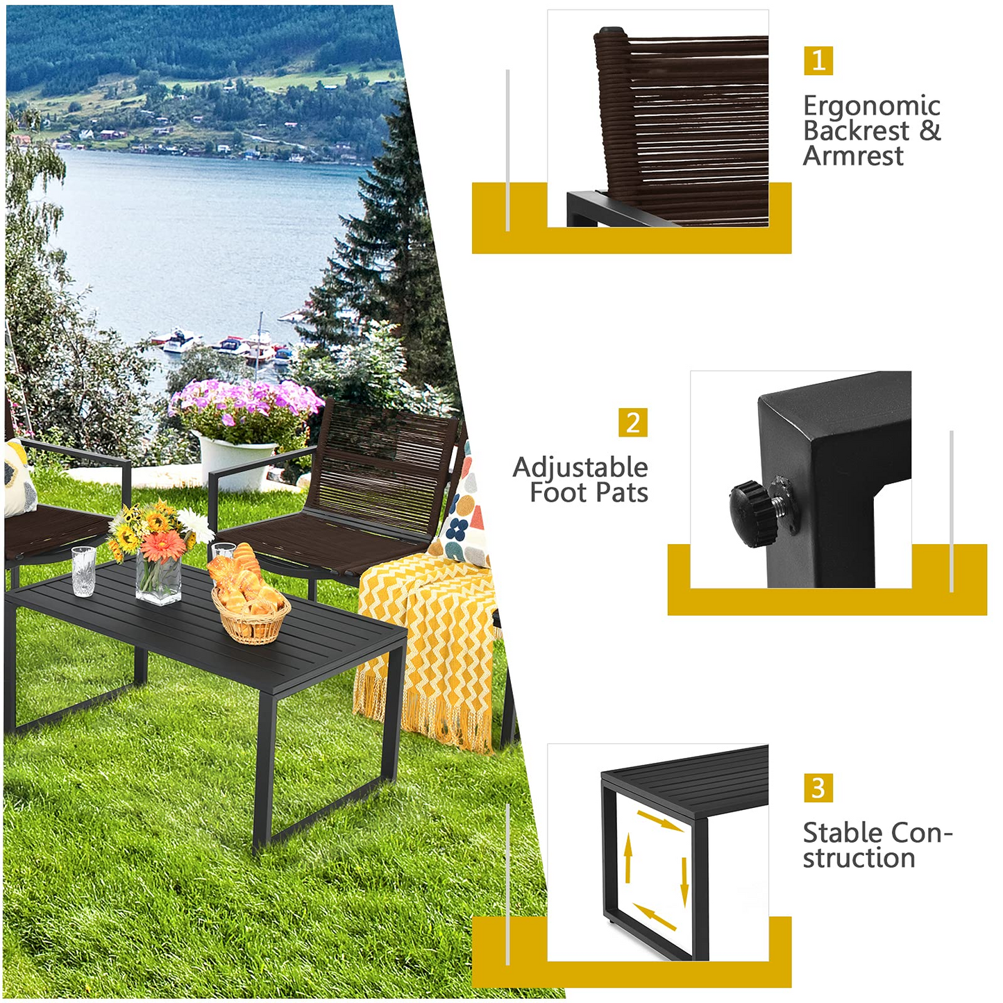 Tangkula 4 Pieces Patio Furniture Set, Outdoor Conversation Sofa Set with Coffee Table
