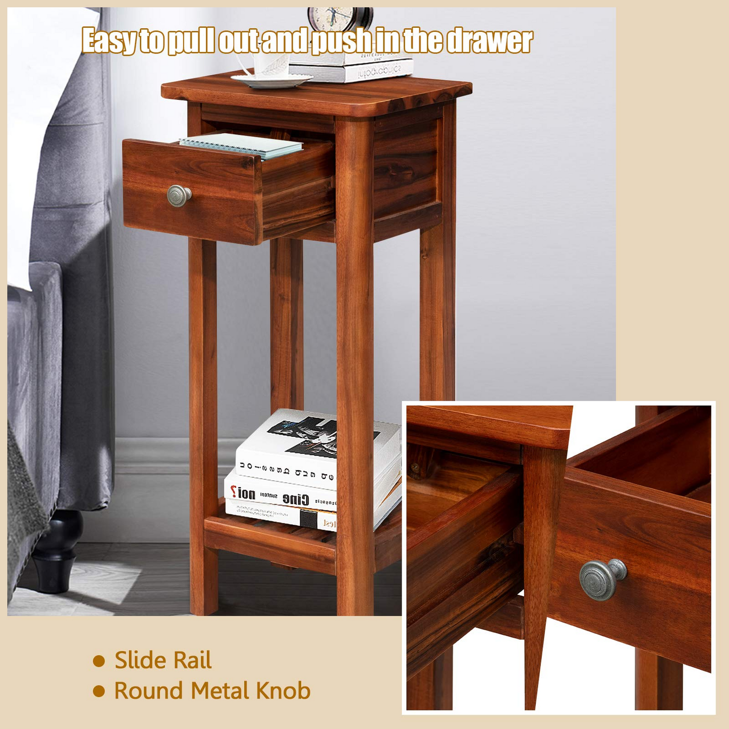 Tangkula Small Side Table for Small Spaces, Farmhouse Acacia Wood Slim End Table