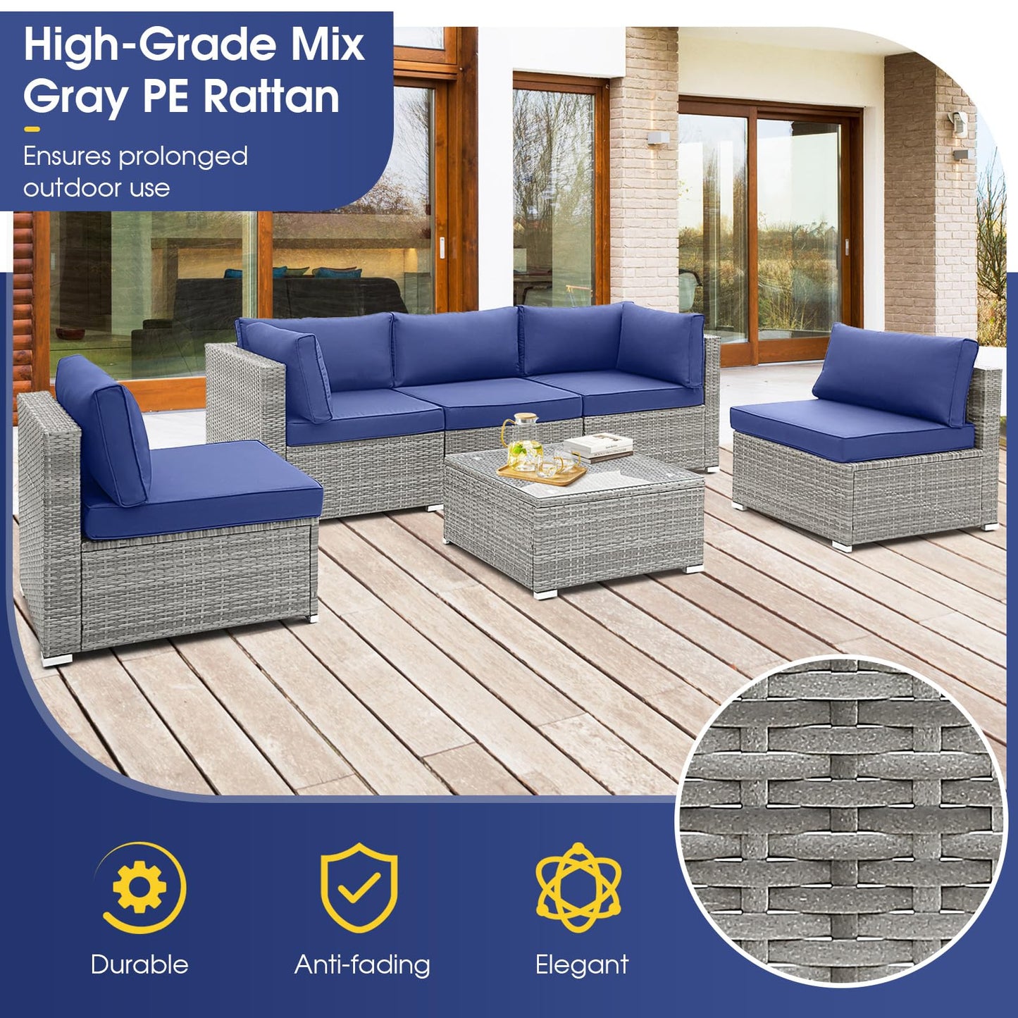 Outdoor Wicker Furniture Set with Tempered Glass Coffee Table, Comfy Seat & Back Cushions