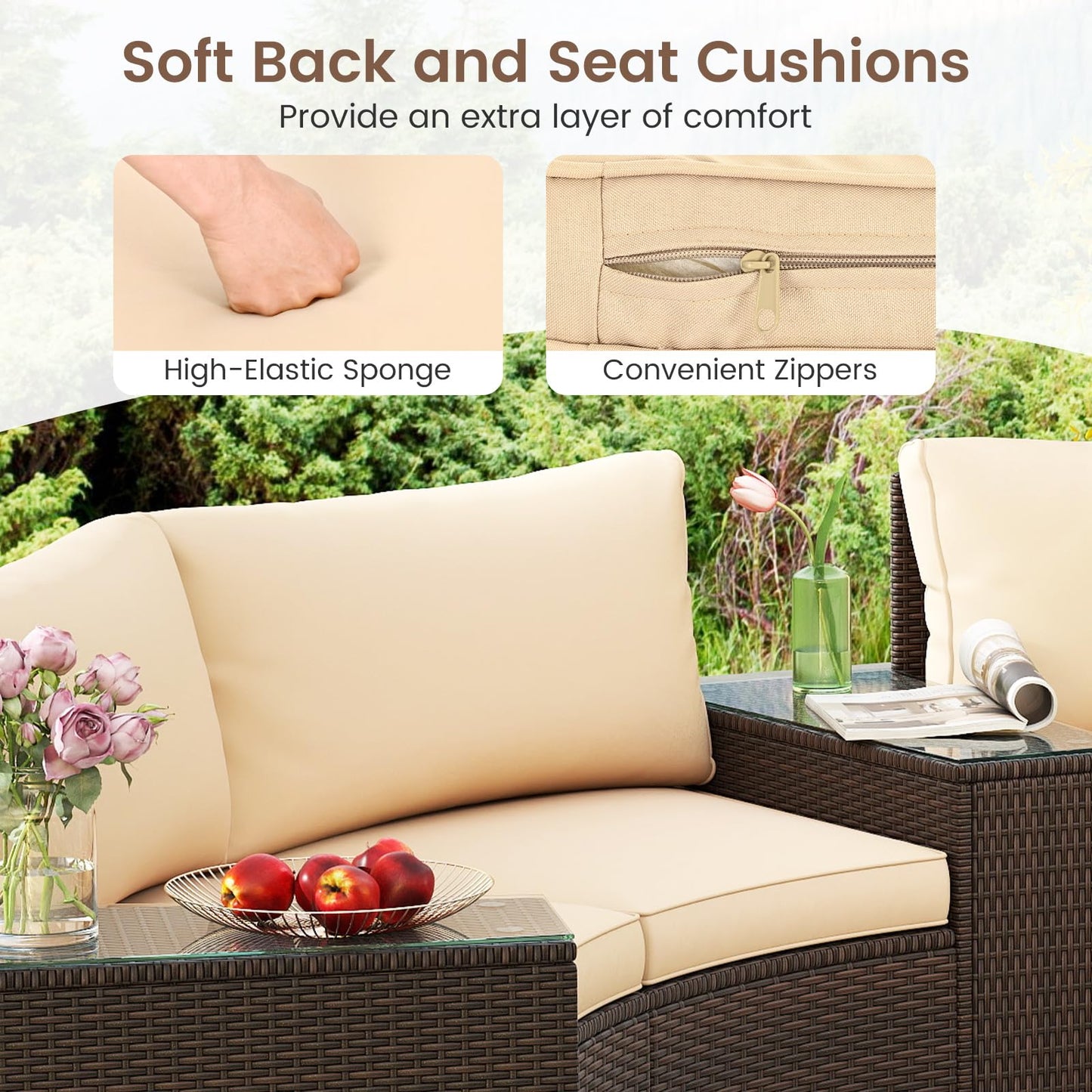 Tangkula 5 Pieces Patio Furniture Set PE Rattan Half-Moon Curved Sectional Sofas