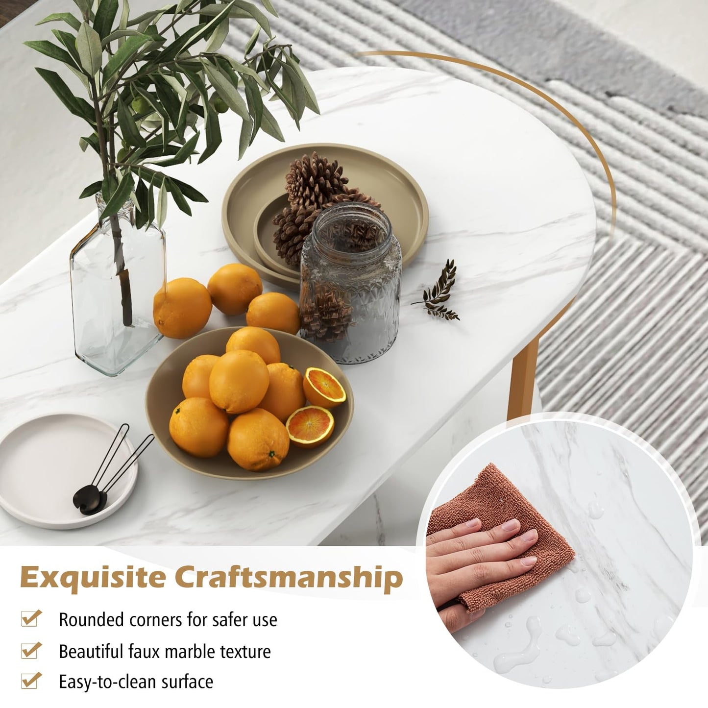 Tangkula Table basse moderne, table centrale ovale de 99 cm avec plateau en faux marbre blanc et cadre en métal doré (moderne, blanc, 99 cm)