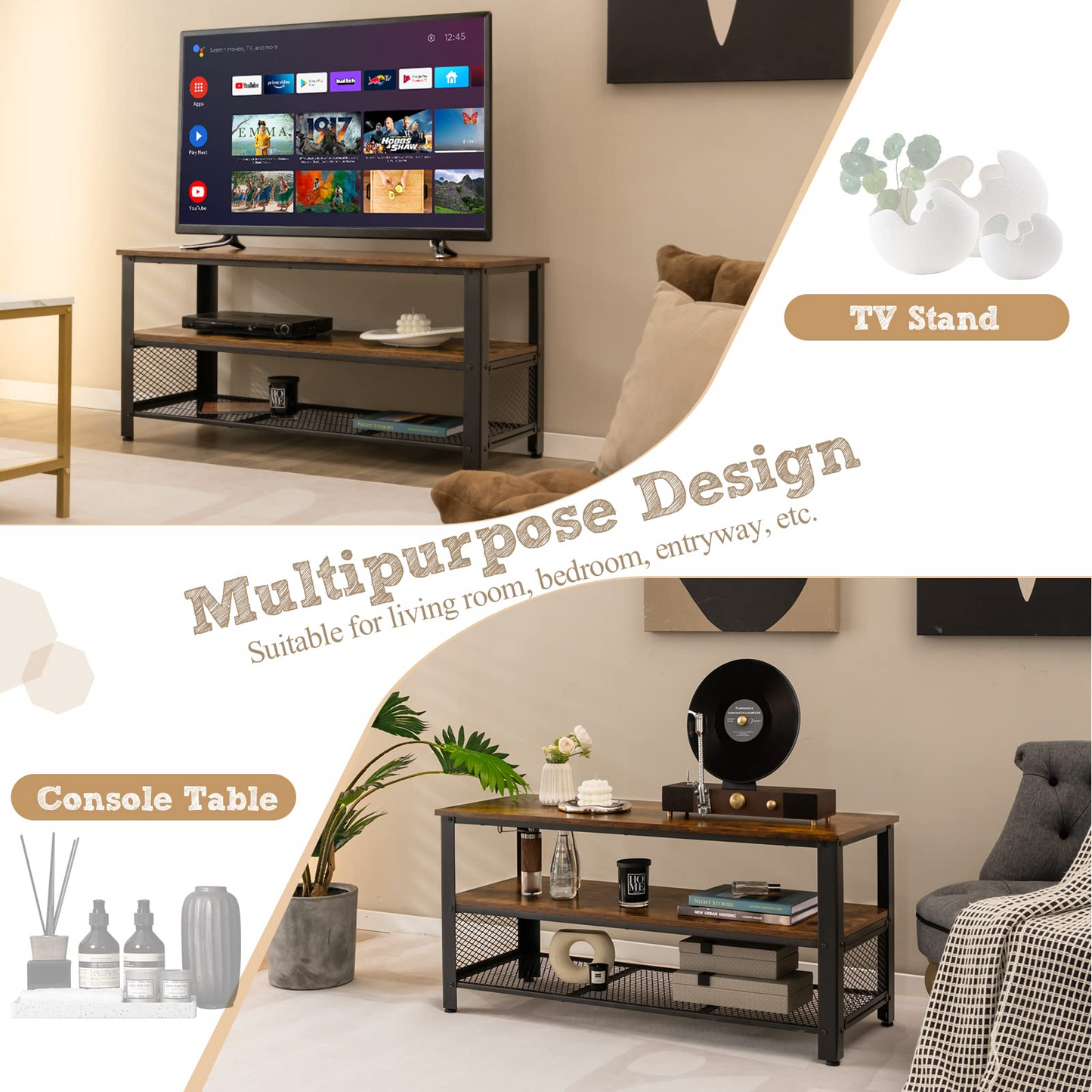 Tangkula TV Stand for TVs up to 50 Inch, 3-Tier Console Table, Entertainment Center with Open Storage Shelves