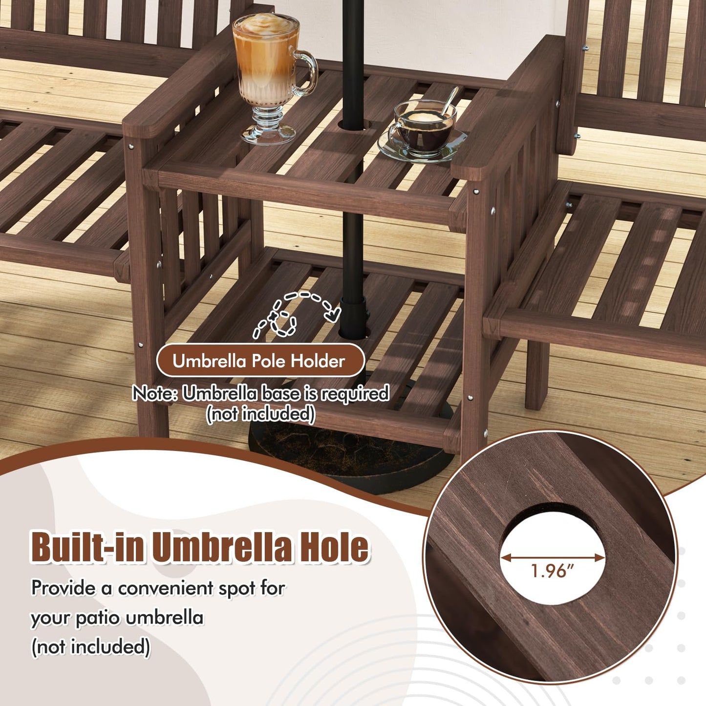 Tangkula Outdoor Fir Wood Loveseat with 2-Tier Side Table and Umbrella Hole