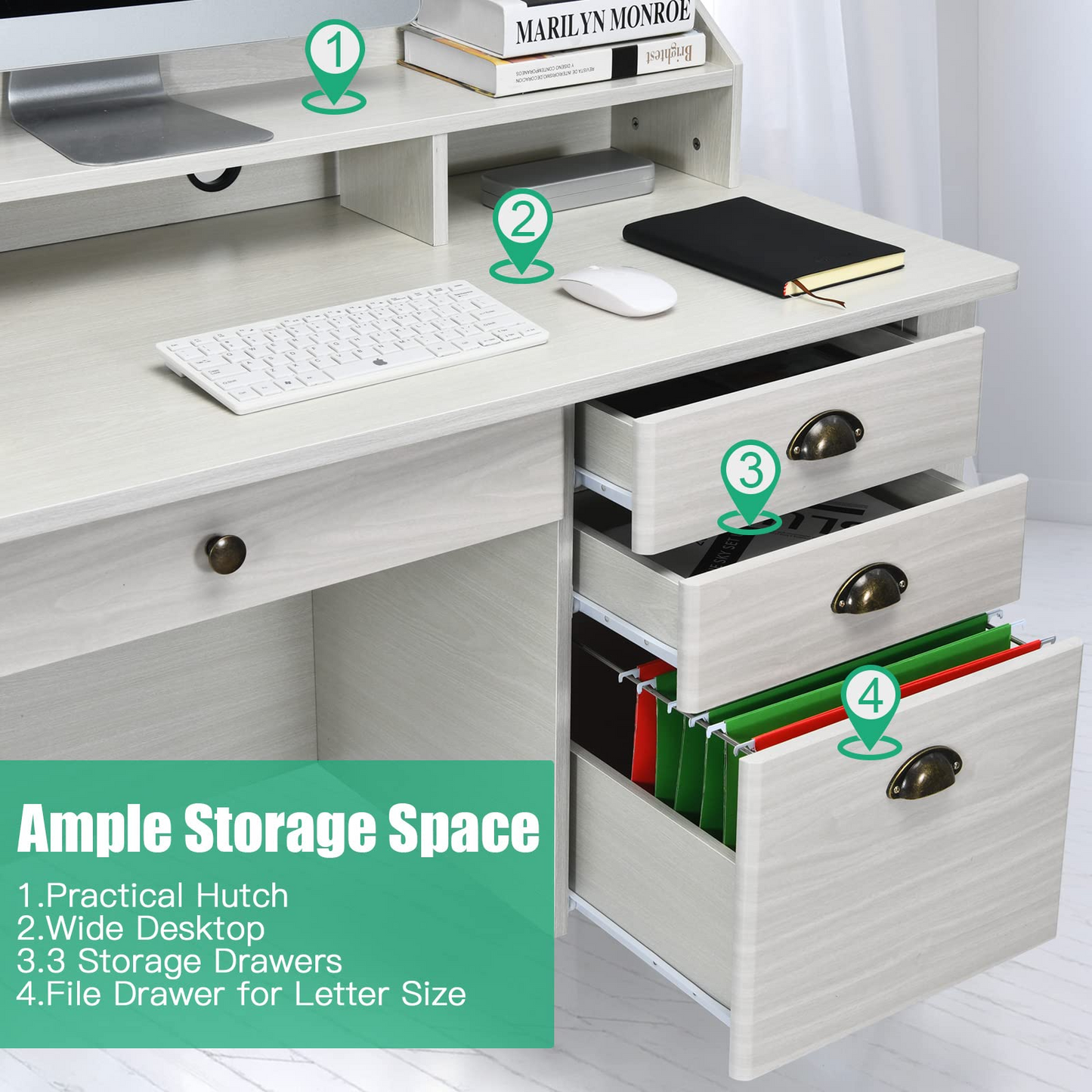Tangkula 48" Computer Desk with 4 Storage Drawers & Hutch, Home Office Desk Vintage Desk