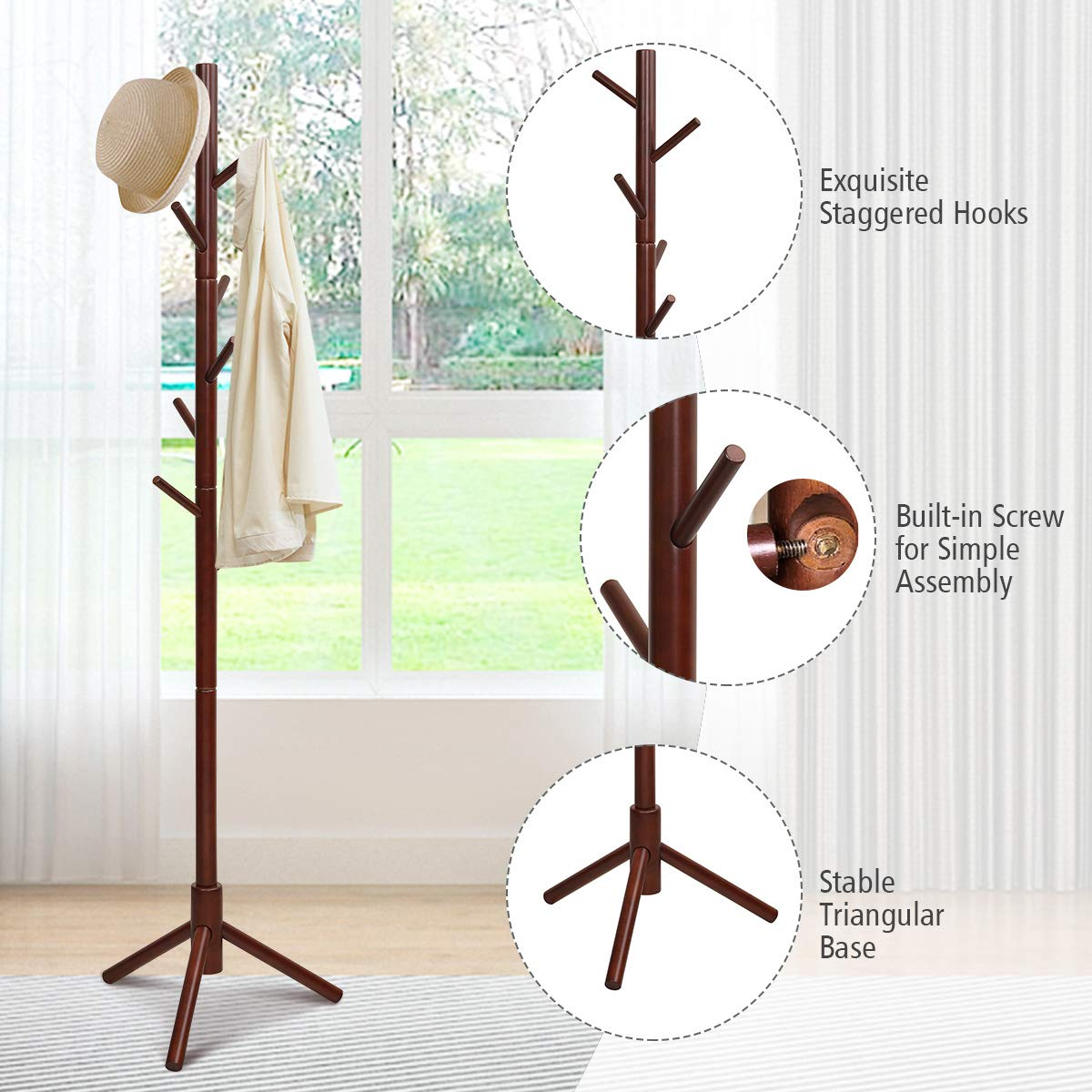 Tangkula Coat Rack Freestanding, Rubber Wood Coat Stand with 8 Hooks