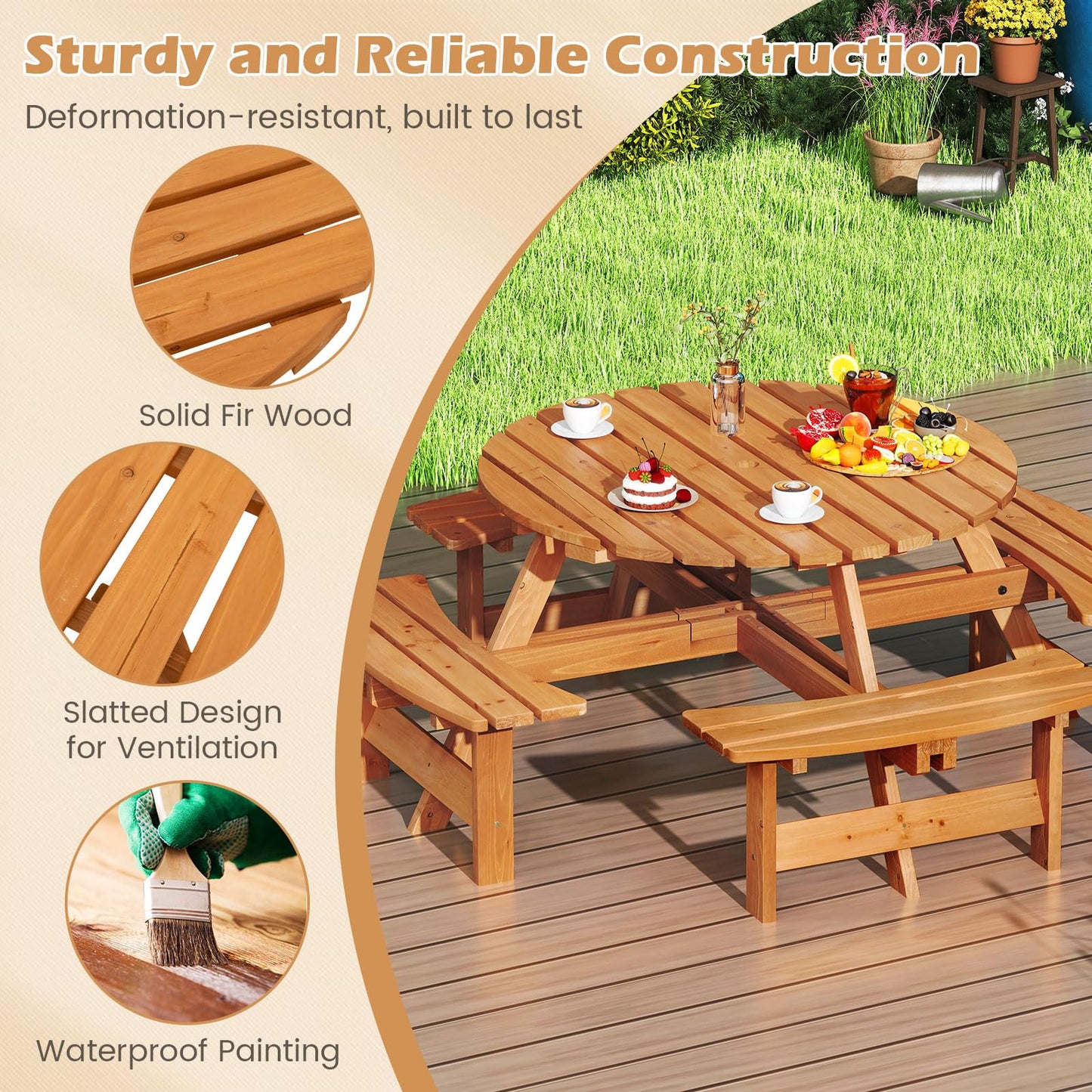 Tangkula 8-Person Wood Picnic Table Outdoor Round Table and Bench Set