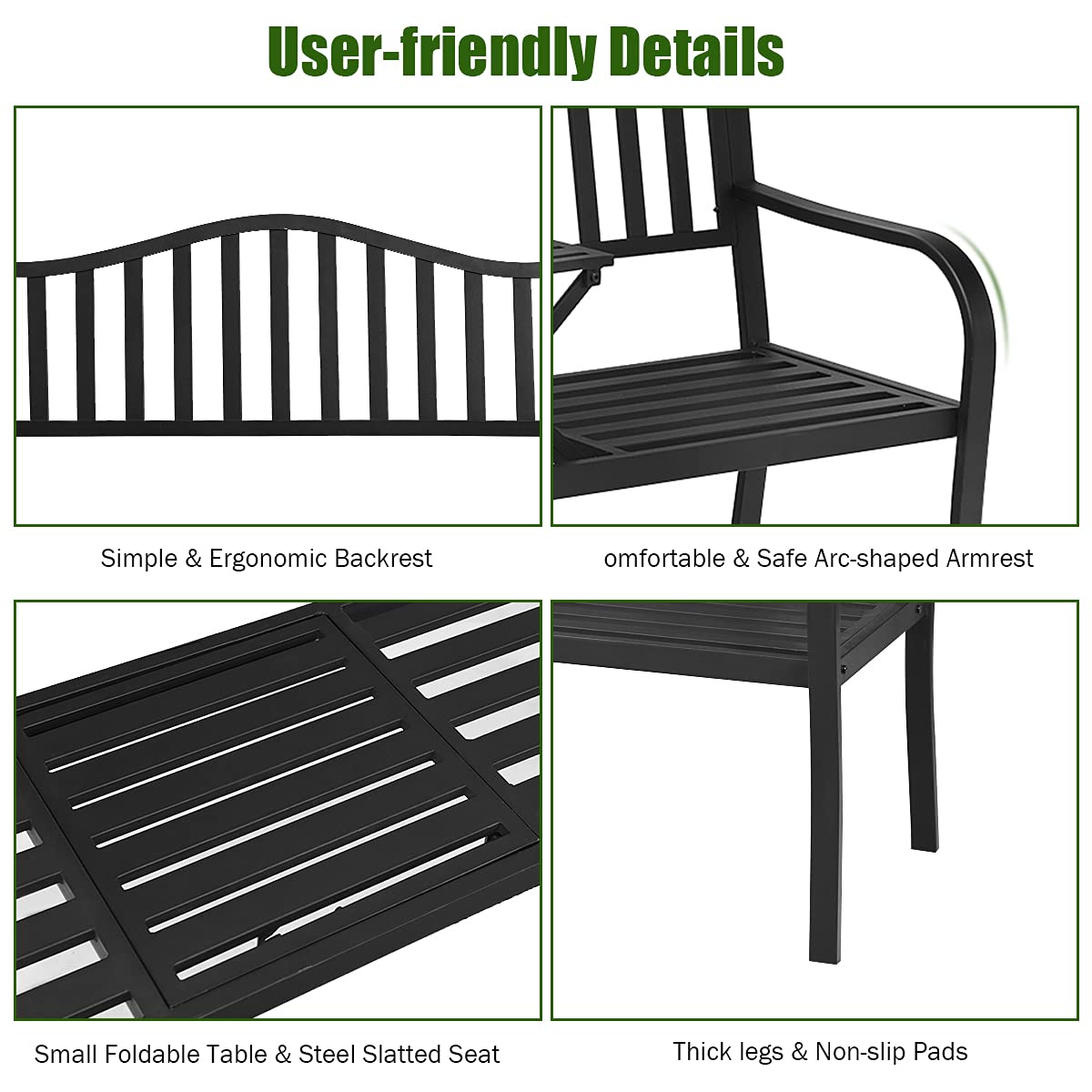 Banc de jardin extérieur Tangkula avec tablette centrale coulissante