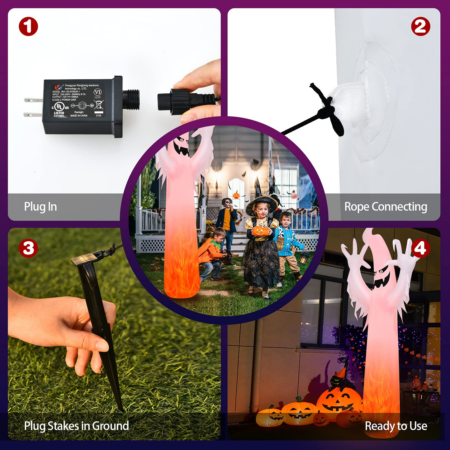 Tangkula 12 FT Halloween Inflatable Ghost W/ Rotating Flame LED Lights, Air Blower, Stake, Sandbag