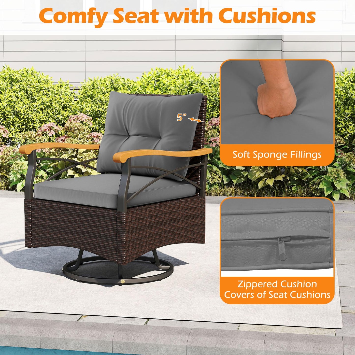 Tangkula 3 Piece Outdoor Swivel Chair Set with 2 Tier Tempered Glass Side Table