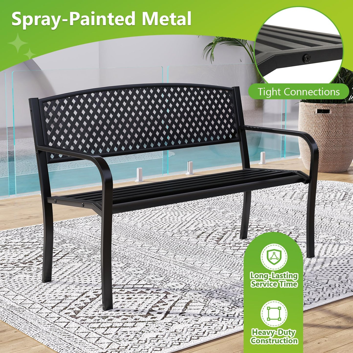 Tangkula 50 Inches Garden Bench with Patterned Backrest and Curved Armrests