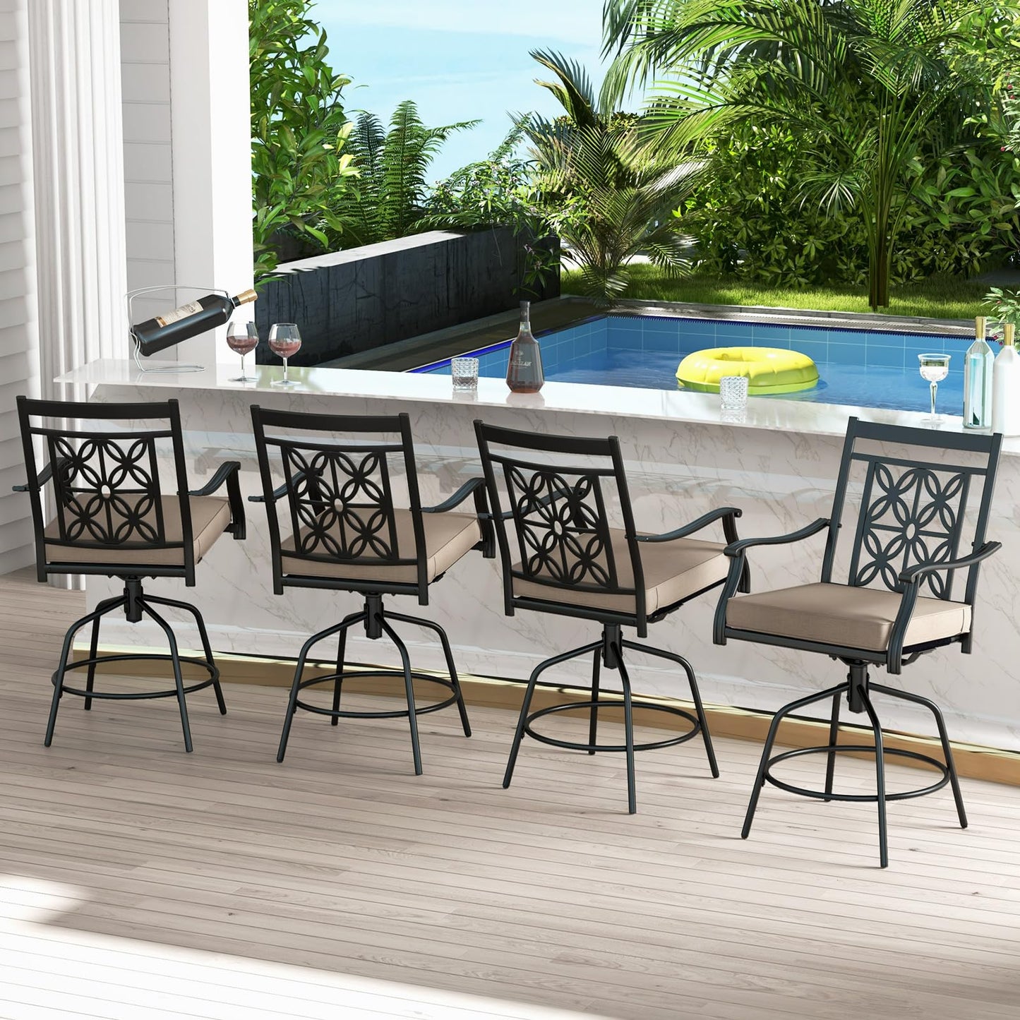 Tangkula Outdoor Swivel Bar Stools Set, Bar Height Patio Chairs with Seat Cushions